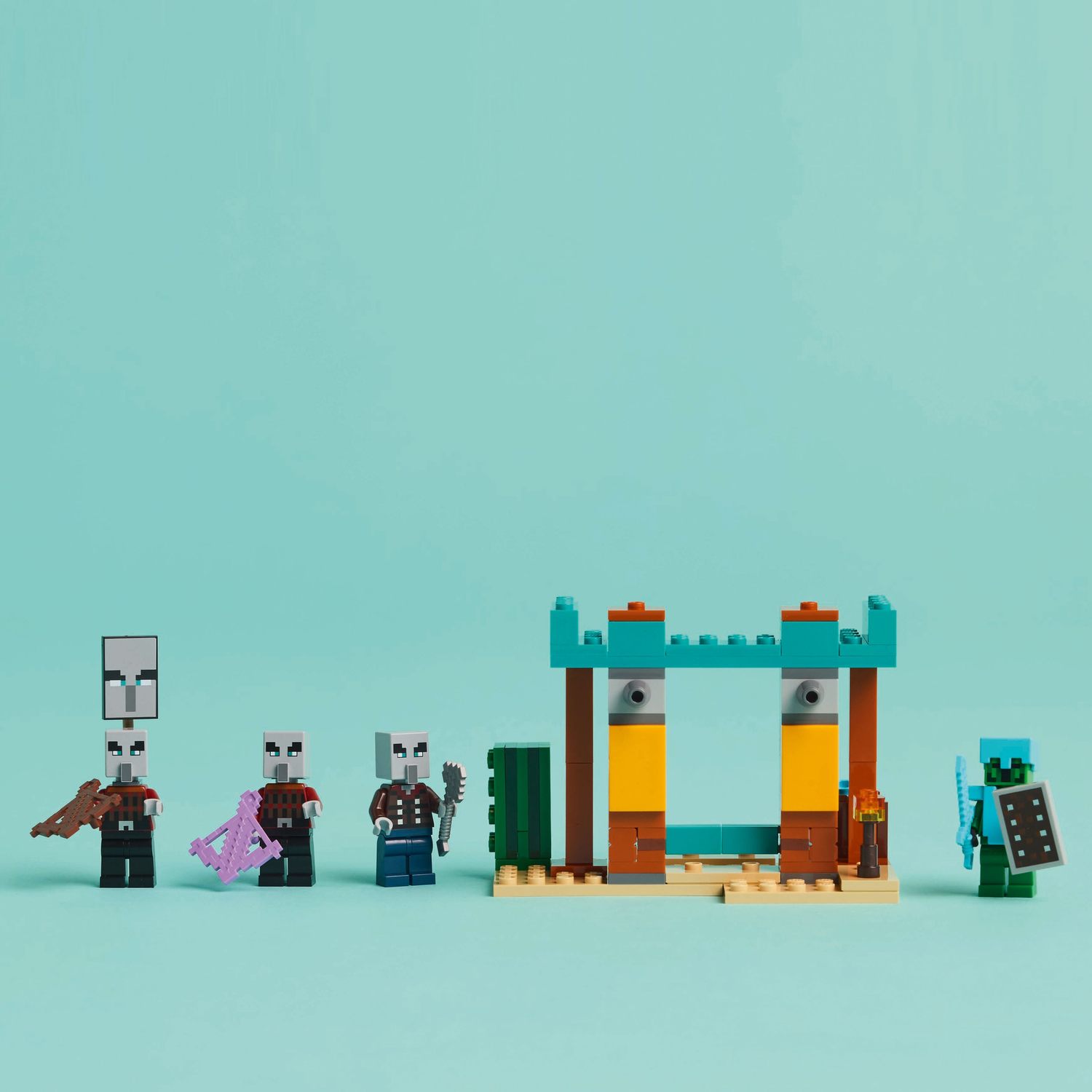 Minecraft Lego set: personages en een structuur op een blauwe achtergrond.