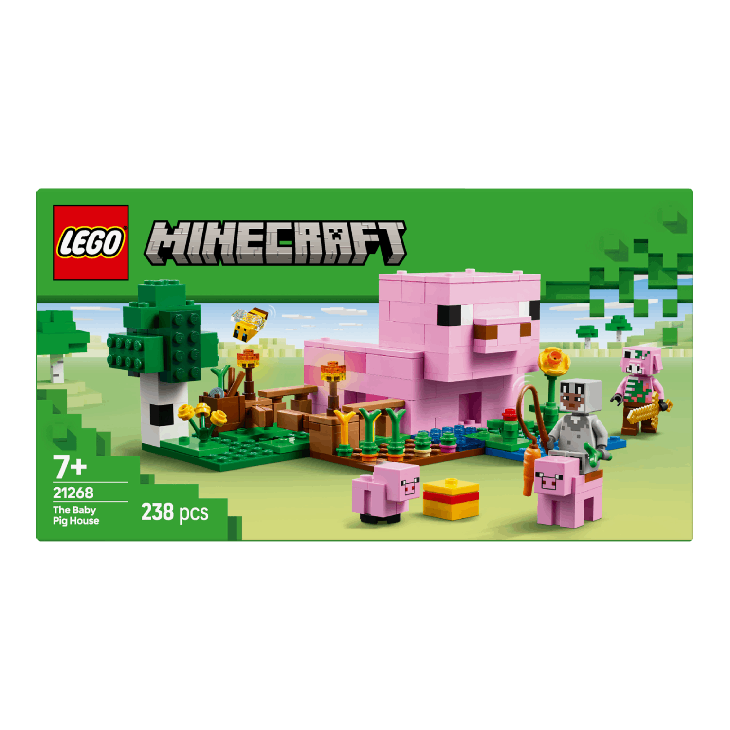 Lego Minecraft doos: Een roze varkenshuis set met figuren en een scène.