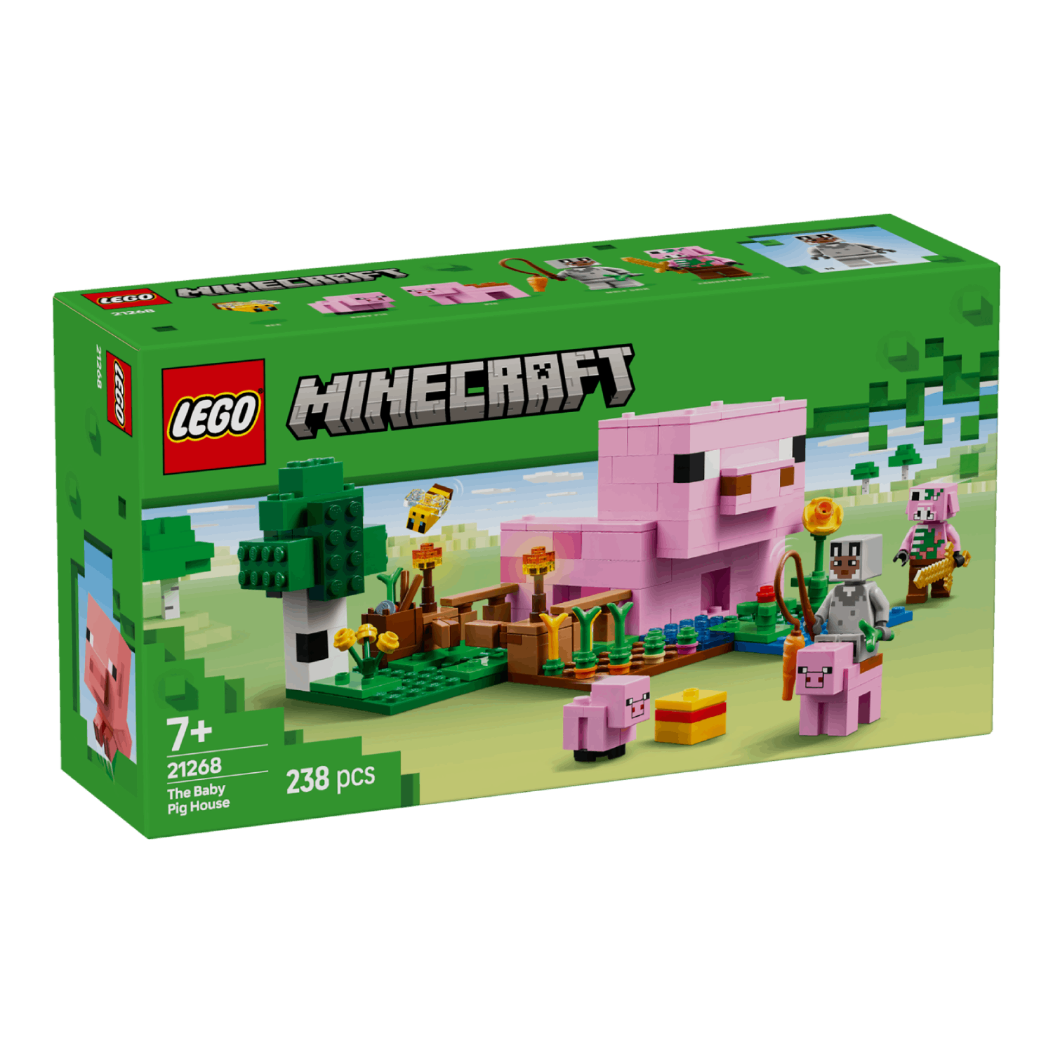 Lego Minecraft doos: Een roze varkenshuis set met figuren en een scène.