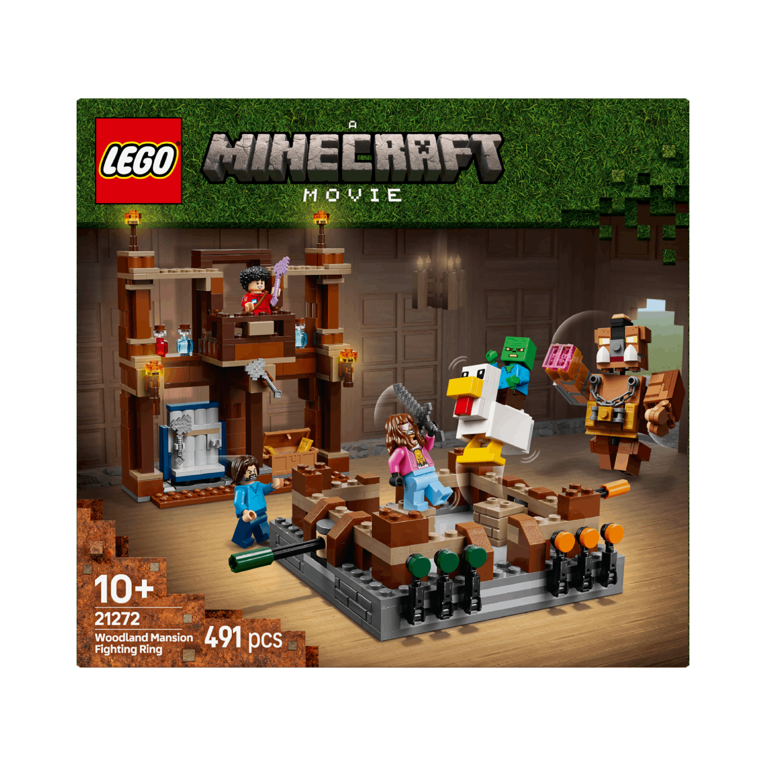 Minecraft Lego set with figures and structures. Includes a tower, a fighting arena, and several characters.