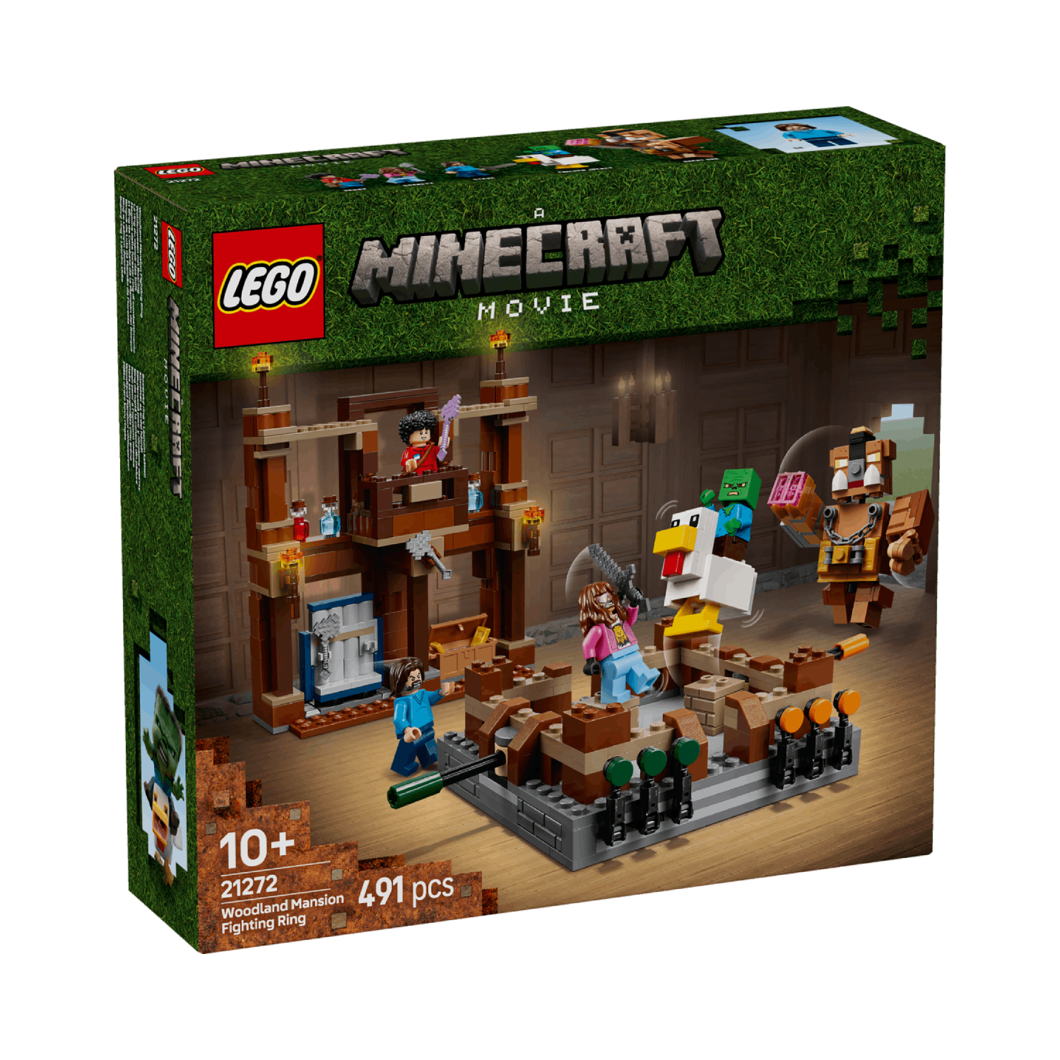 Lego Minecraft set box, featuring a castle scene with characters and a fighting ring. The box is green.