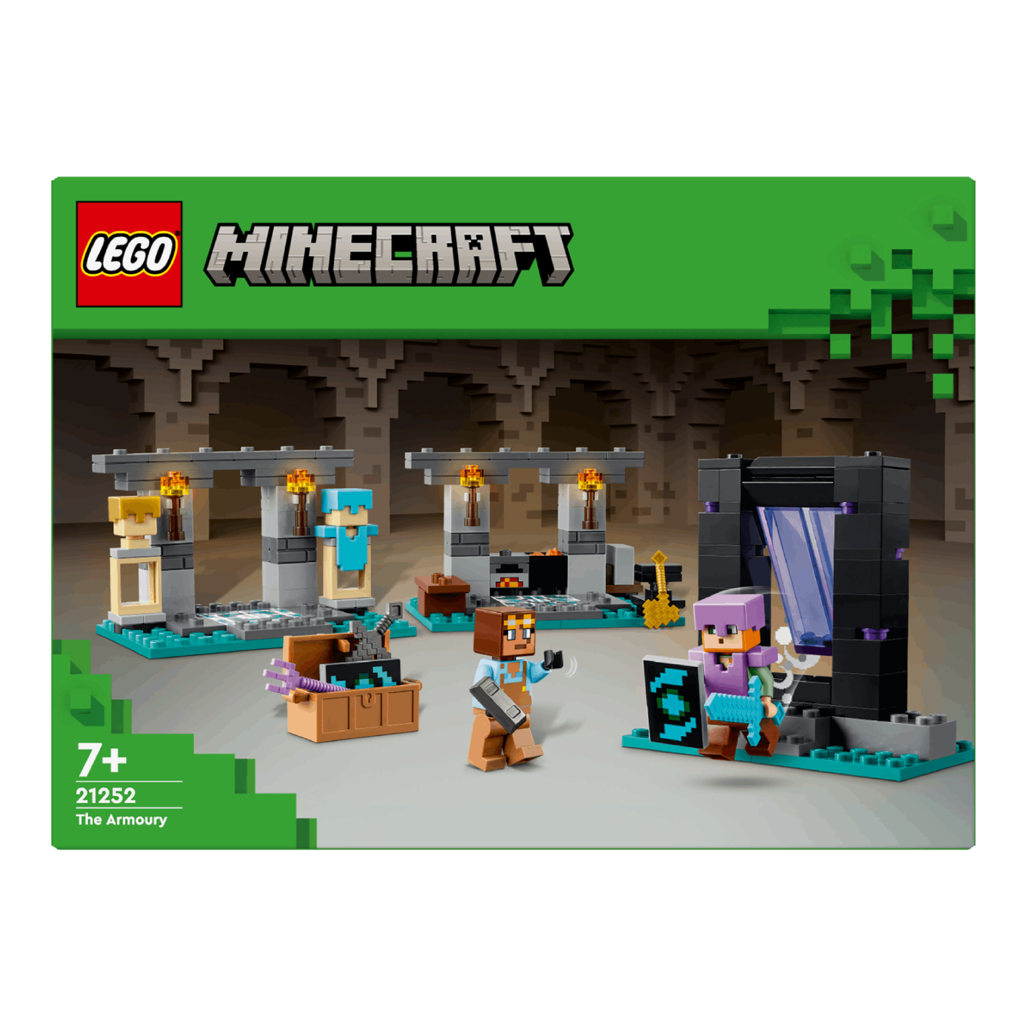 Lego Minecraft-setdoos, met structuren, figuren en een groene achtergrond. Het is een gevechtsscène.