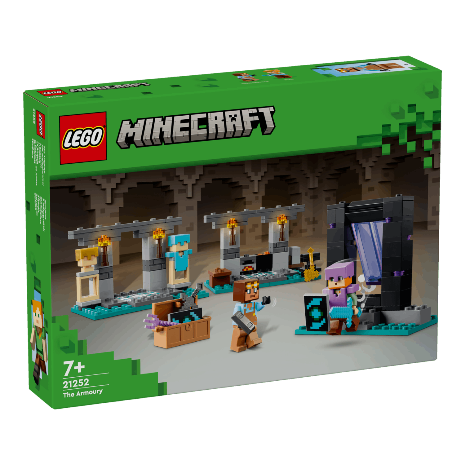 Lego Minecraft-setdoos, met een gevechtsscène met structuren, figuren en een groene achtergrond.