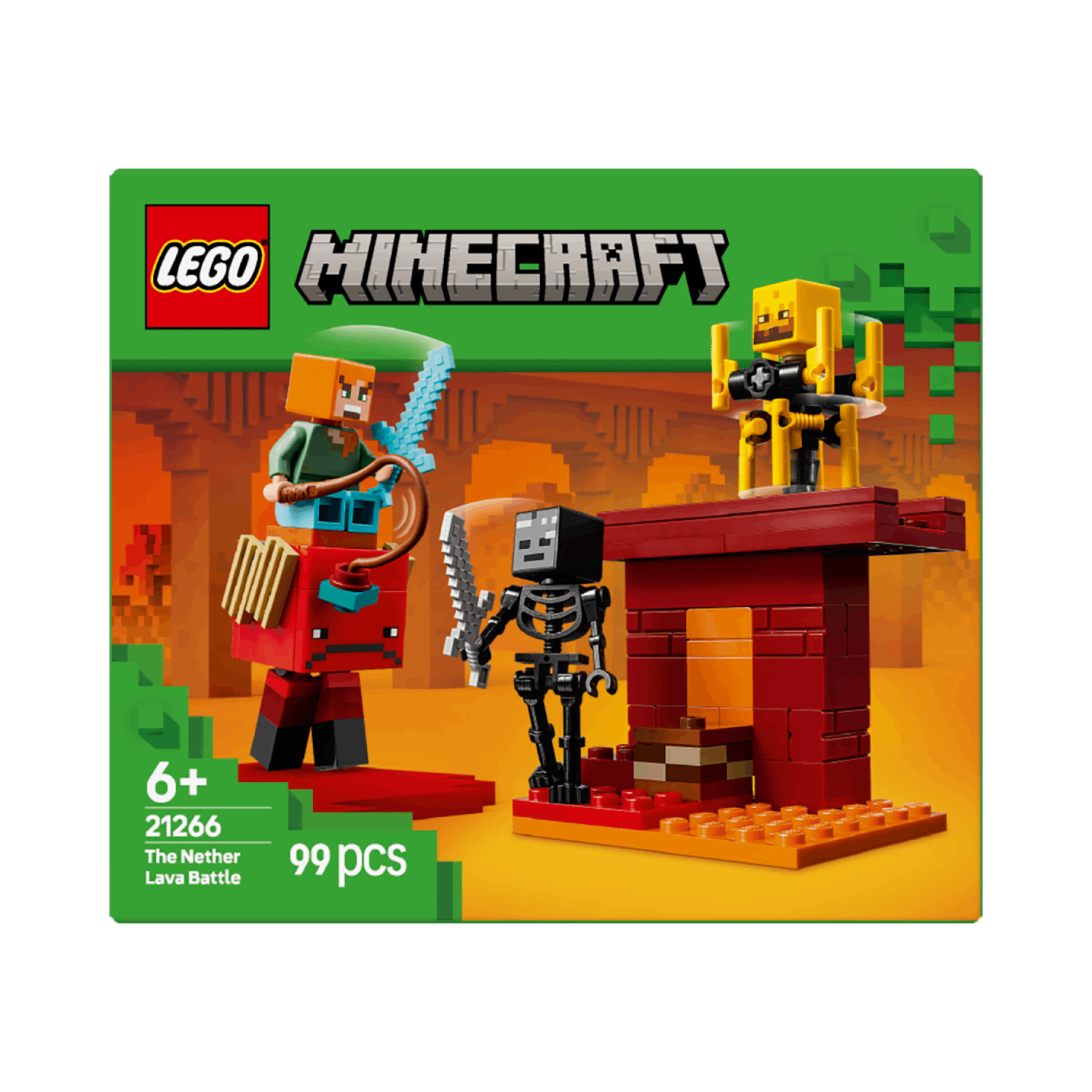 Lego Minecraft box set with figures, structure, and lava scene. Green background.