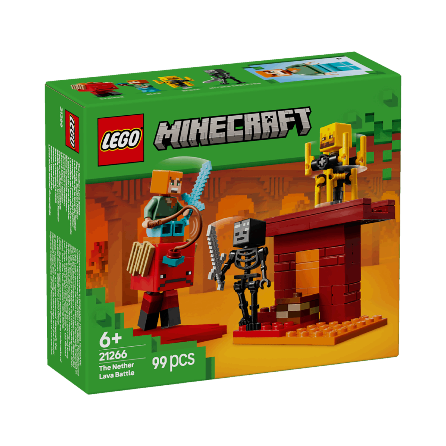 Lego Minecraft box set with characters and lava scene. Green background with Minecraft logo.