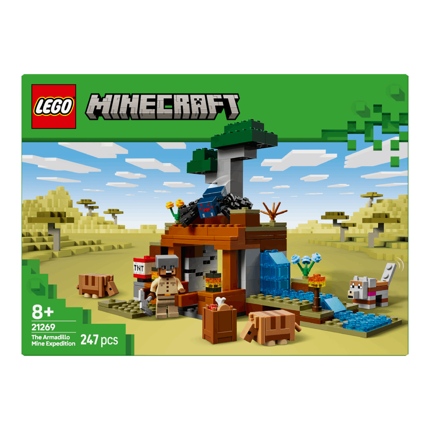 Lego Minecraft box set with figures, building, and animals. Green background.