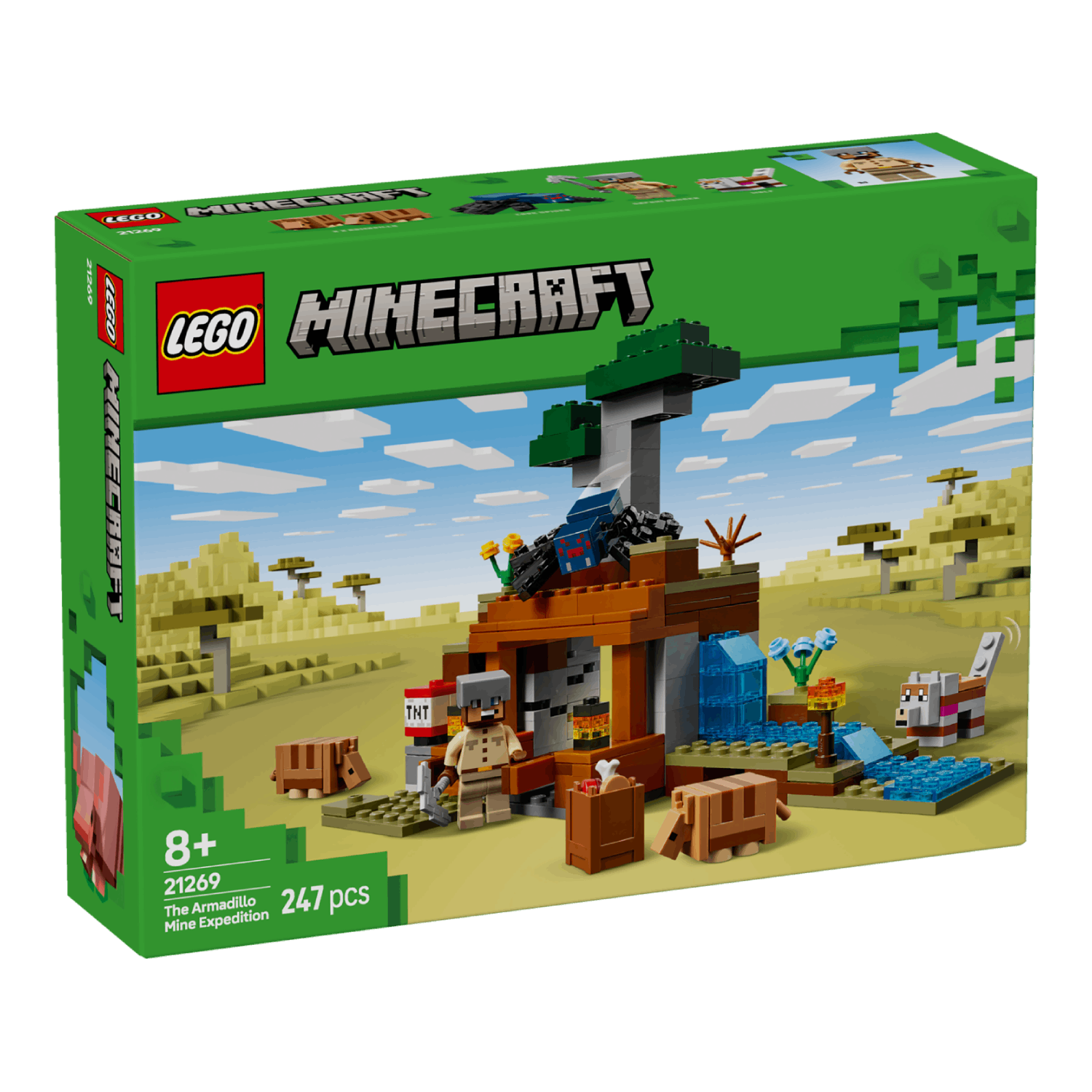 Lego Minecraft box with figures, building, and animals. Green background.