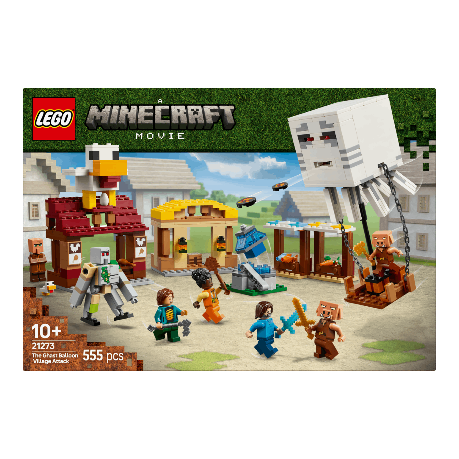 Lego Minecraft set, met een dorpsscène, personages en een groot zwevend spook. De set heeft gebouwen en figuren.