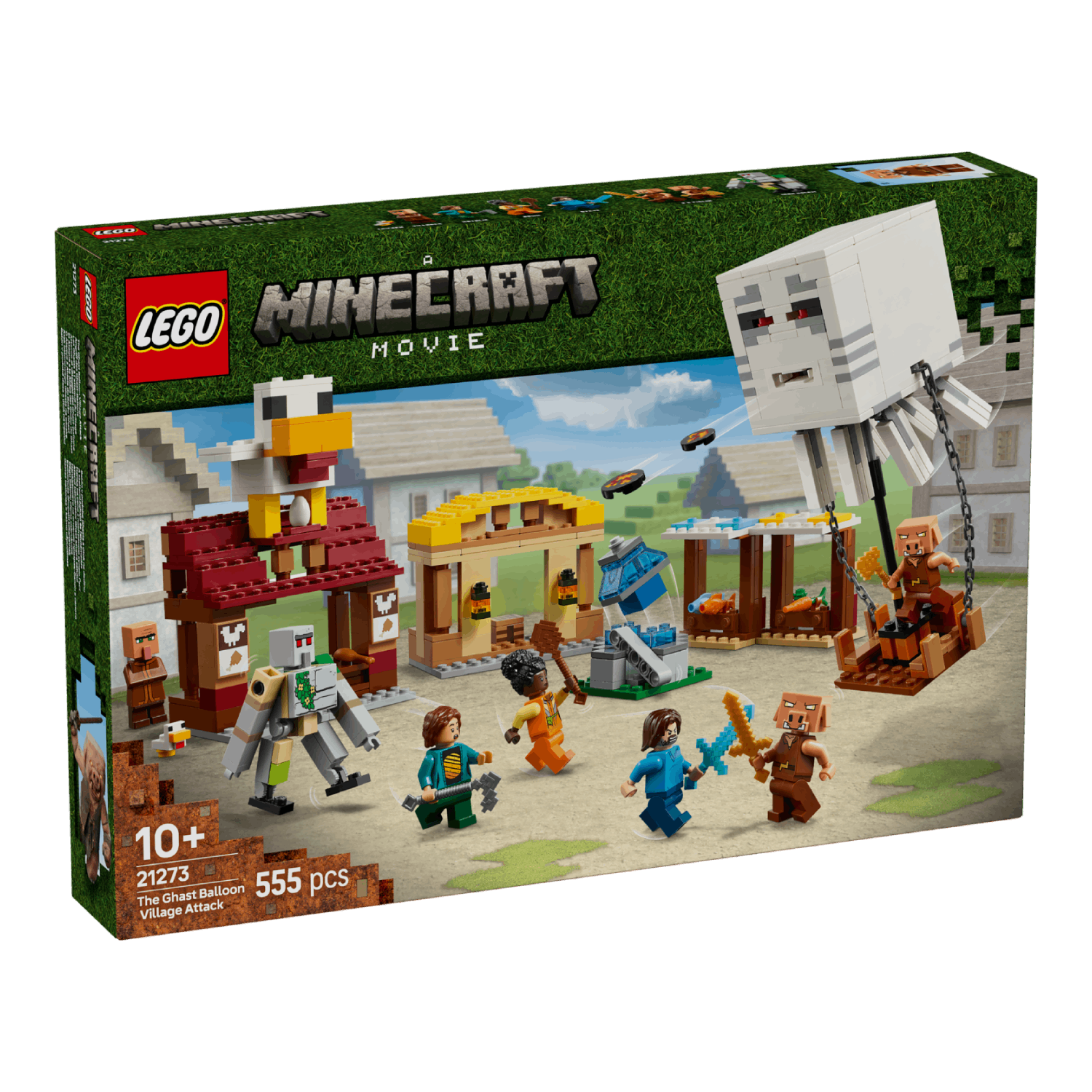 Lego Minecraft set box met een dorpsscène, personages en een zwevend spook. De set bevat gebouwen en figuren.