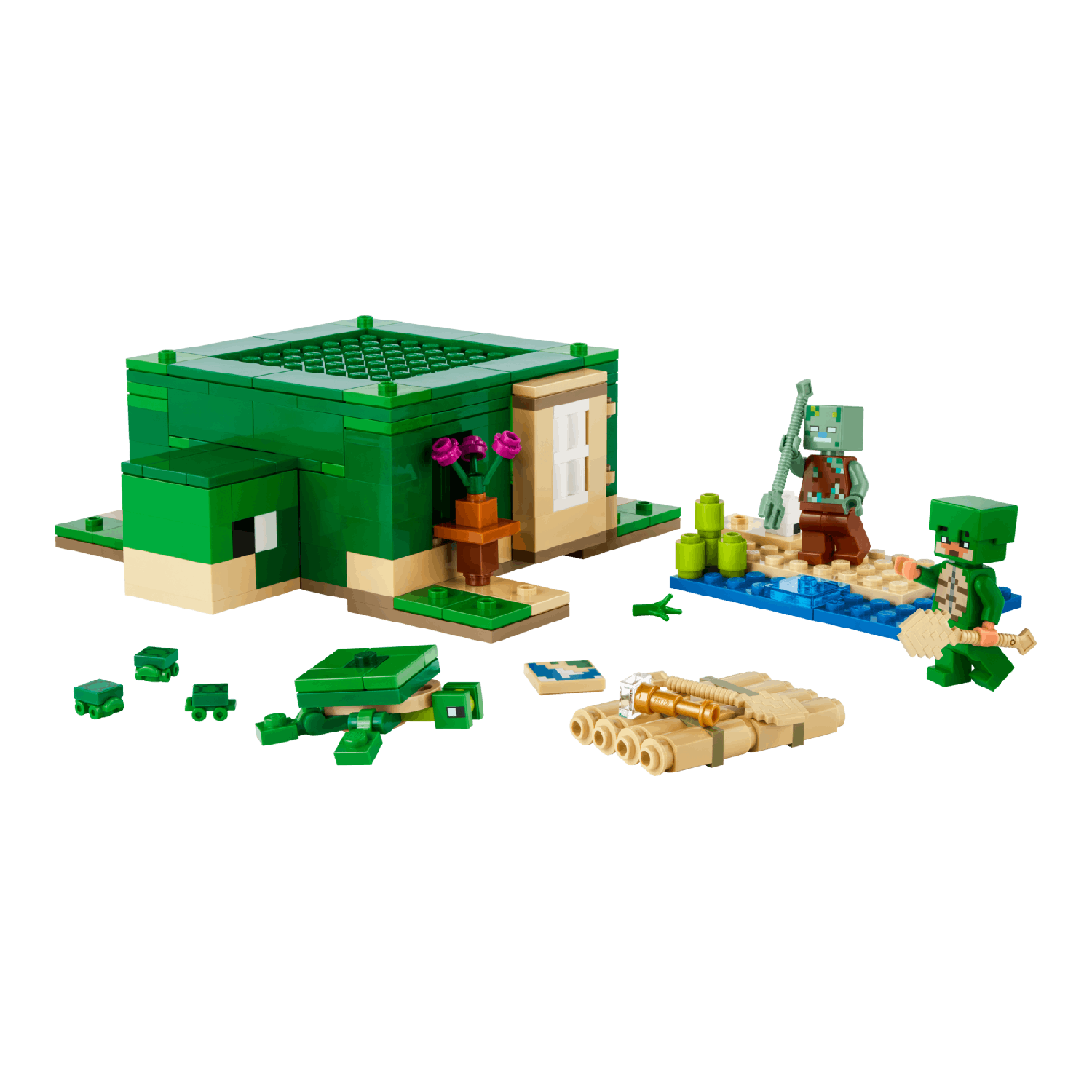 Lego Minecraft set met een schildpaddenhuis, schildpadden en figuren. De scène staat op een zwarte achtergrond.