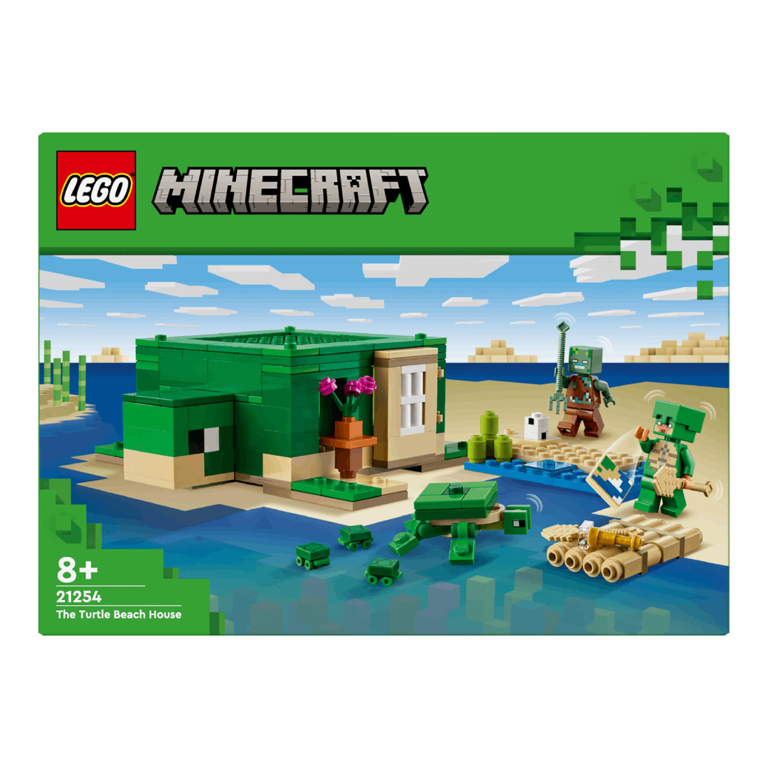 Lego Minecraft set box met een schildpaddenhuis, schildpadden en figuren, tegen een groene achtergrond.