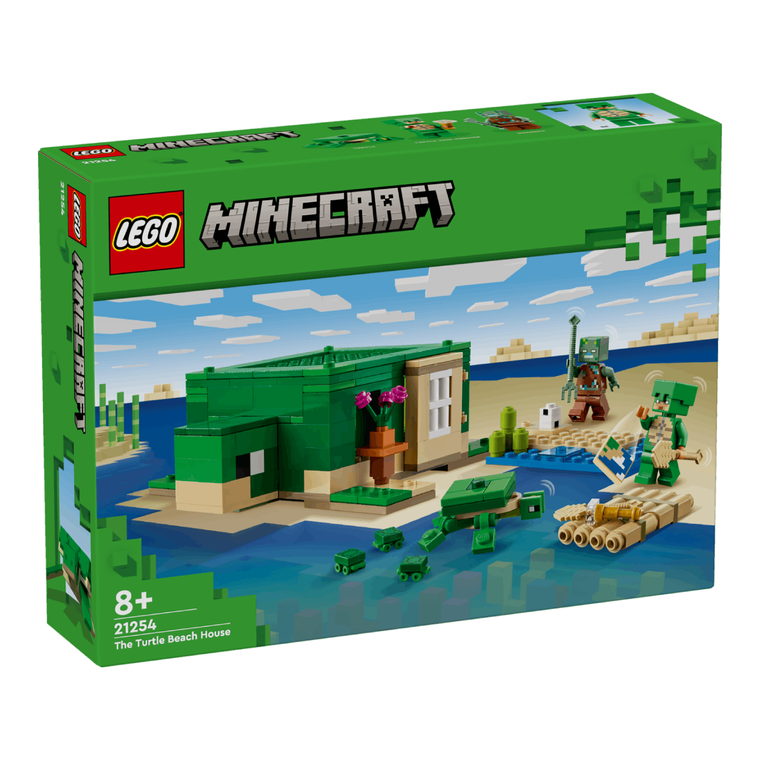 Lego Minecraft set box met een schildpaddenhuis, schildpadden en figuren, tegen een groene achtergrond.