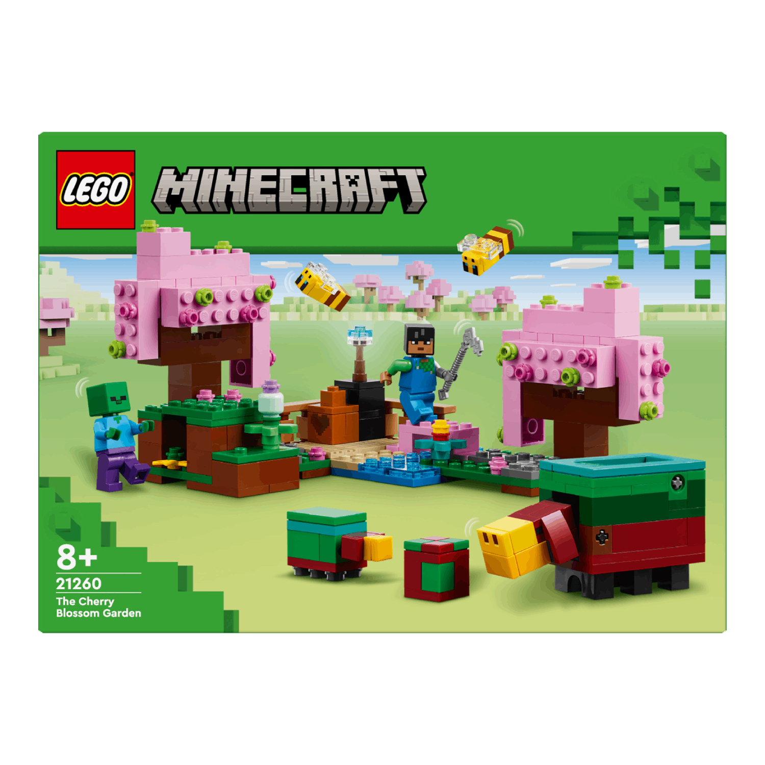 Lego Minecraft set box met een kersenbloesemtuin scène, figuren en een varkensachtig wezen.