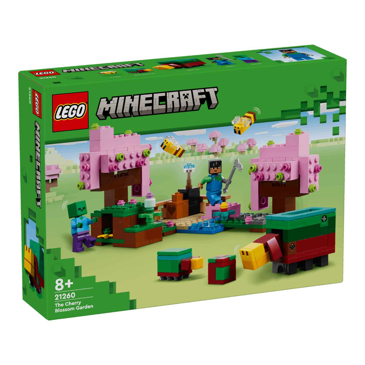 Lego Minecraft set box met een kersenbloesemtuin scène, figuren en een varkensachtig wezen.