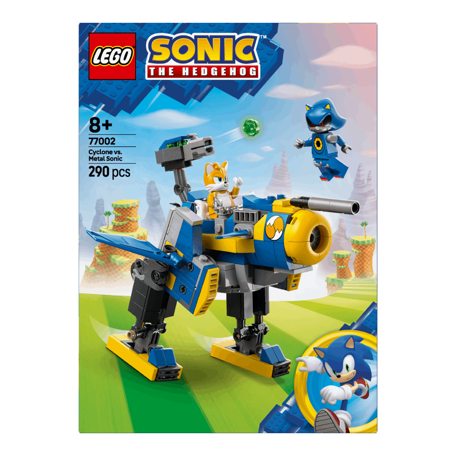 Lego Sonic set box shows a blue and yellow mech with Tails, and Metal Sonic in the background.