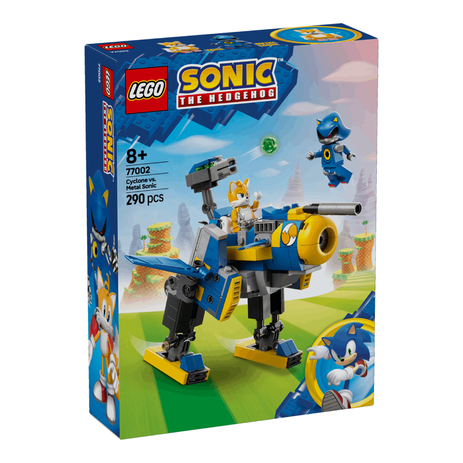 Lego Sonic box showing the Sonic the Hedgehog set with a mech, Tails, and Metal Sonic.