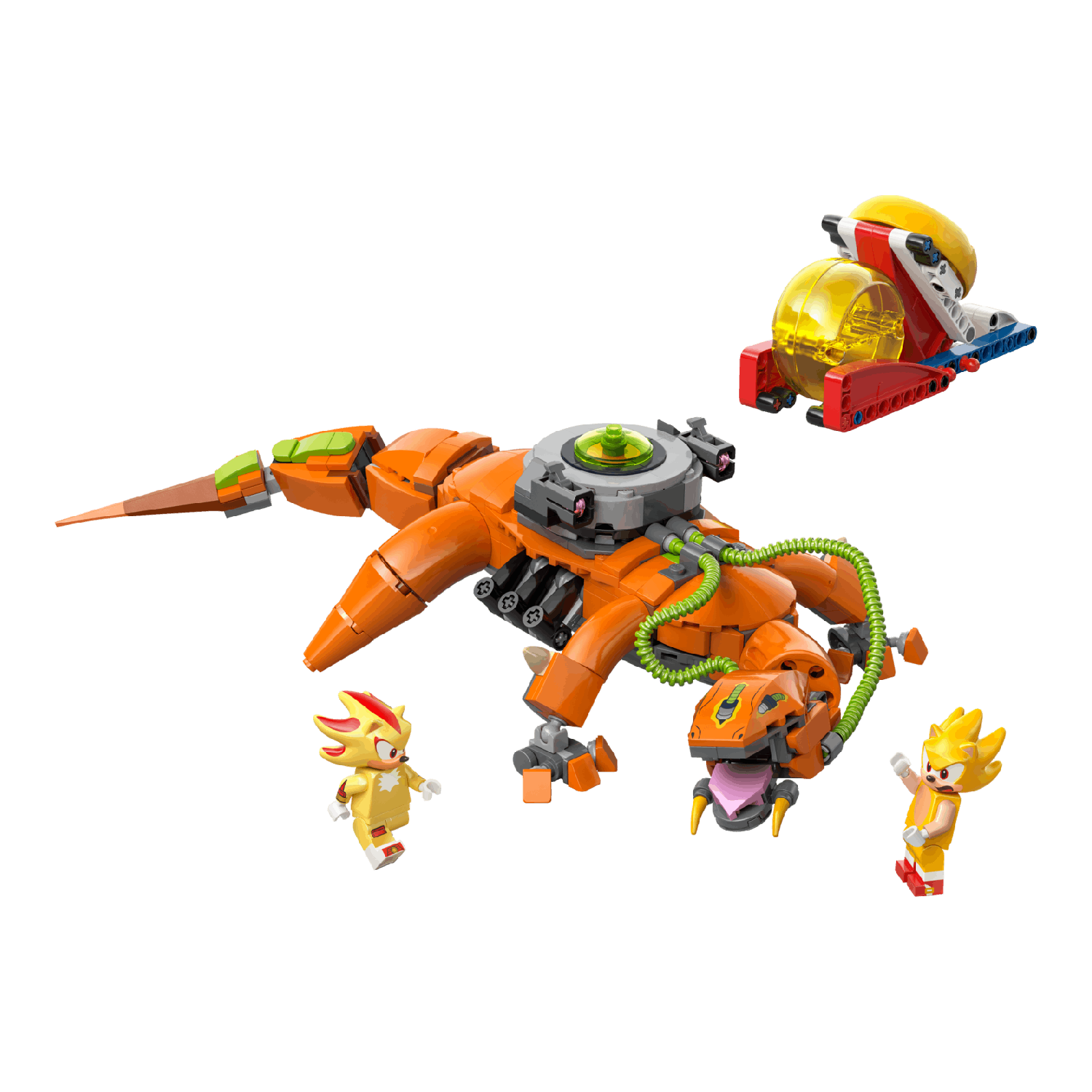 Lego Sonic-set met een grote oranje mech, Shadow en Super Sonic-figuren.