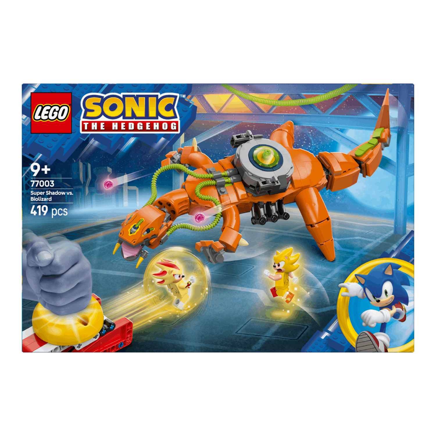 Lego Sonic-setdoos toont een grote oranje mech, Shadow en Super Sonic-figuren.