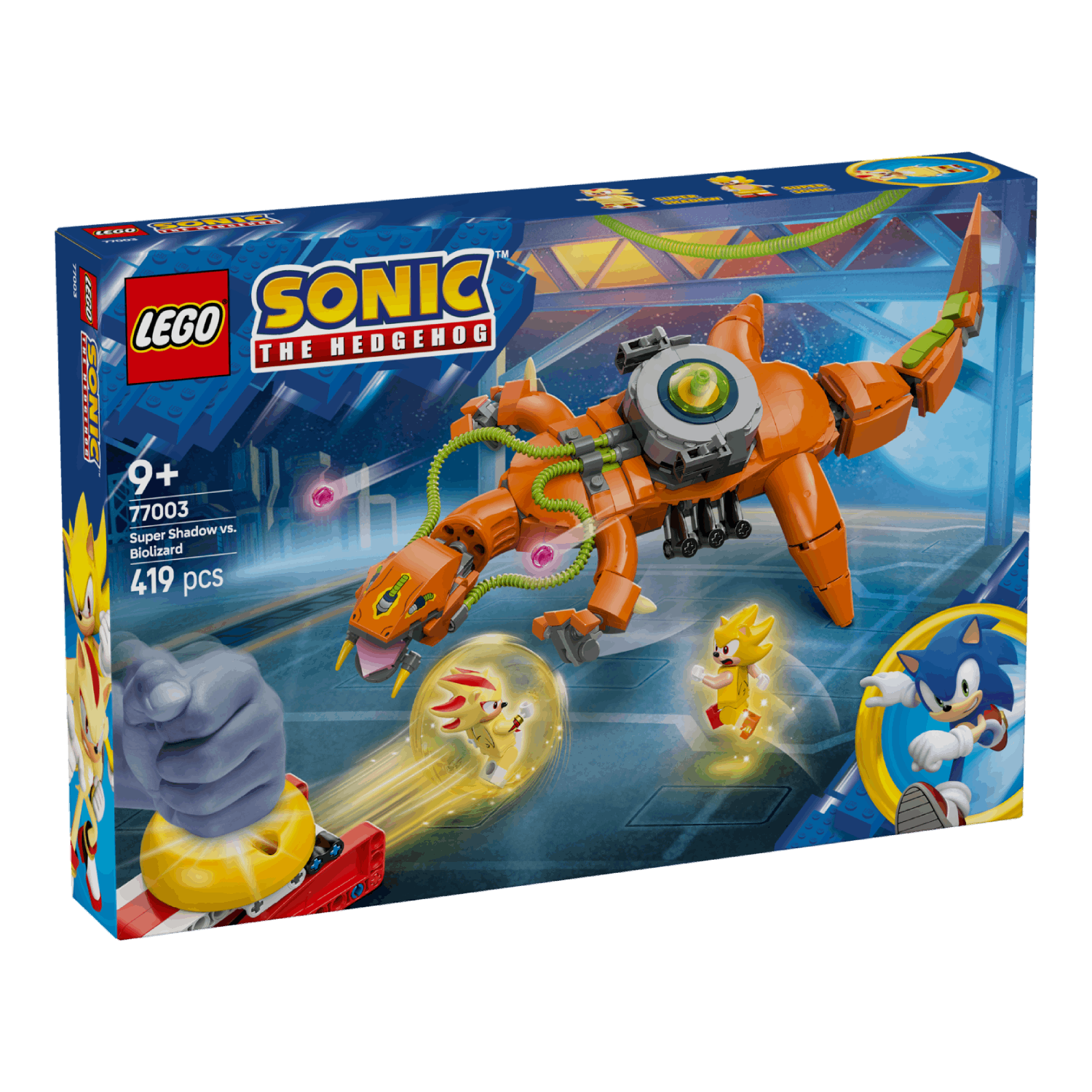 Lego Sonic-setdoos met een grote oranje mech, Shadow en Super Sonic-figuren.