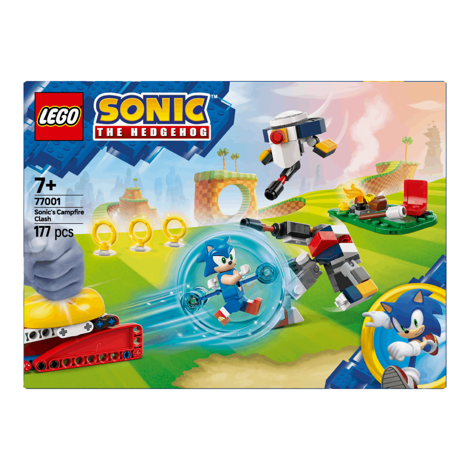 Lego Sonic box showing a scene with Sonic, robots, rings, and a campfire.
