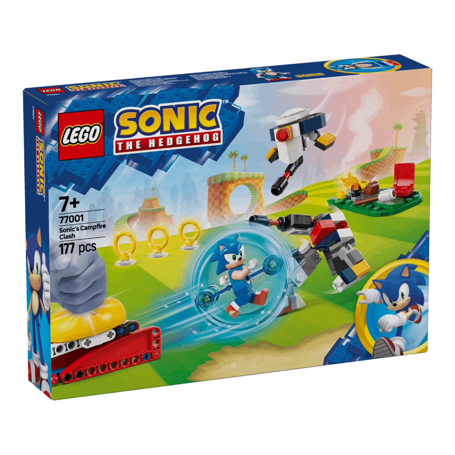 Lego Sonic box showing a scene with Sonic, robots, rings, and a campfire.