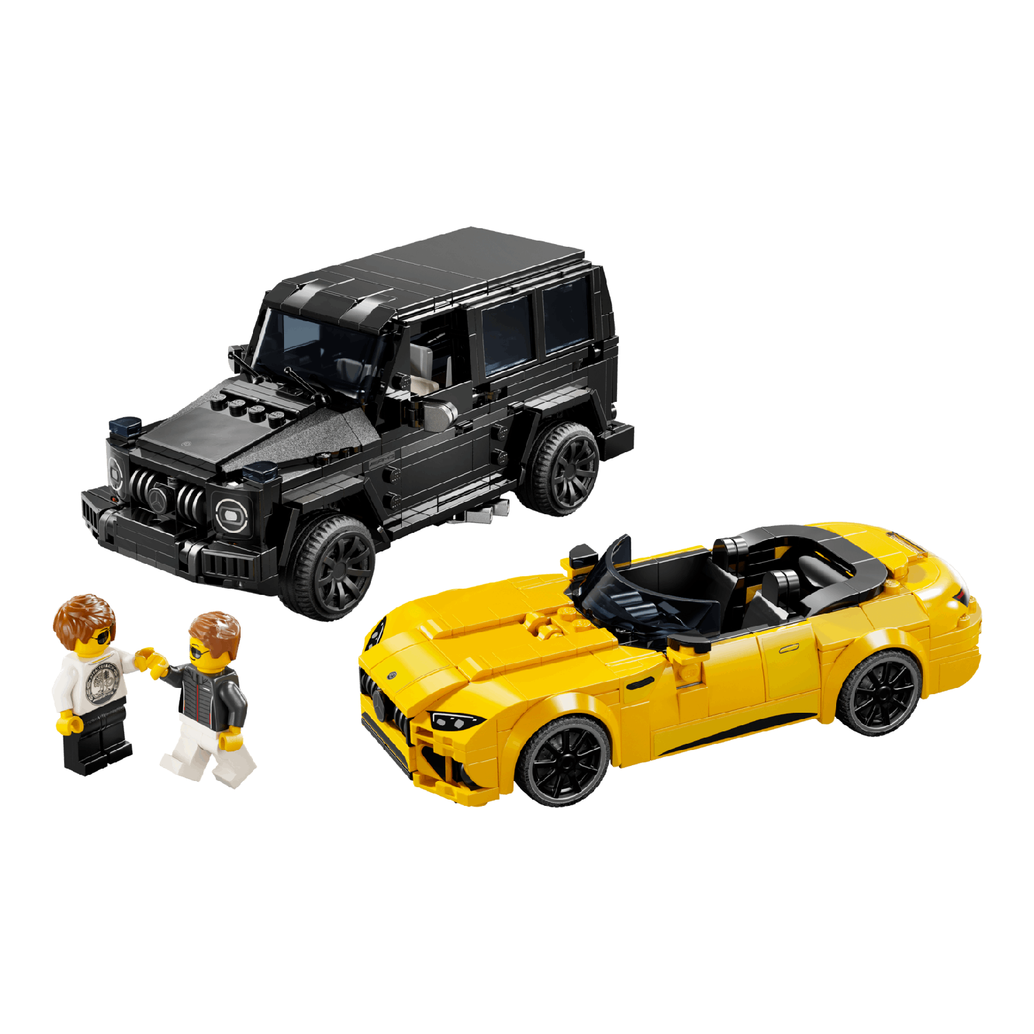 Een Lego-set met twee auto's en twee figuren.