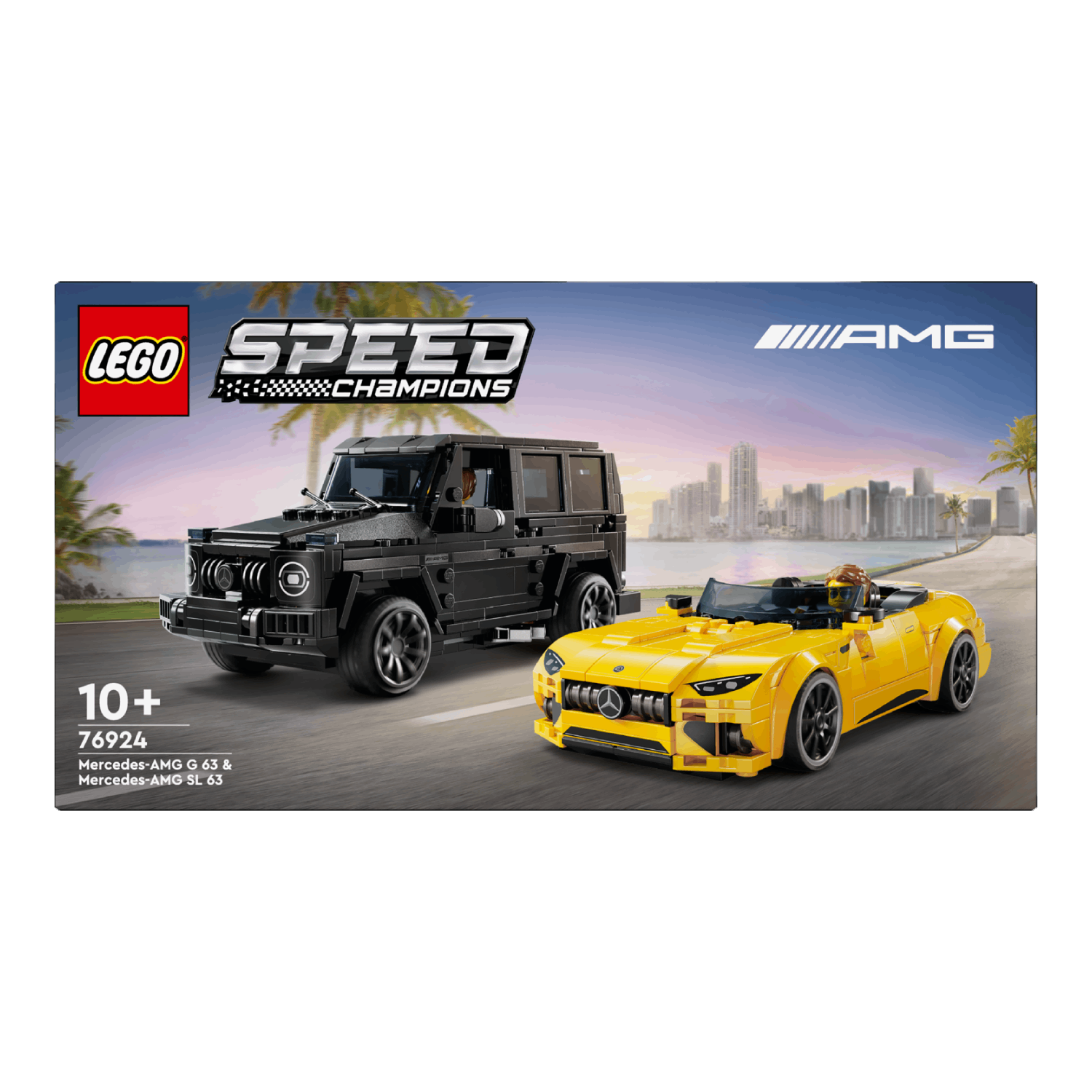 LEGO Speed Champions set. Een zwarte SUV en een gele cabrio op een circuit.