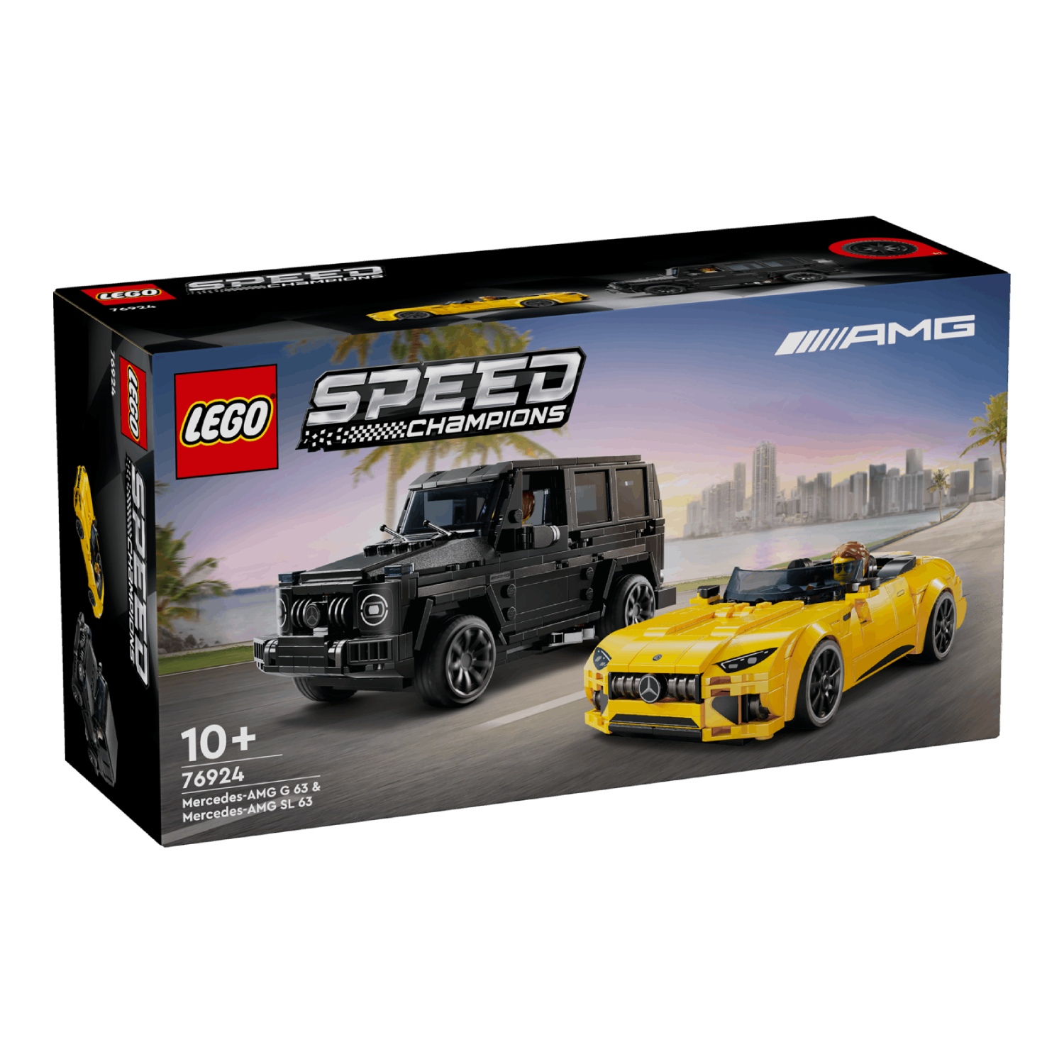 LEGO Speed Champions boxset. Een zwarte SUV en een gele cabrio zijn afgebeeld.