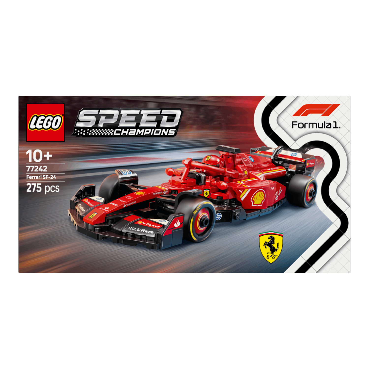 Red LEGO Ferrari F1 car on a white background, with a box.