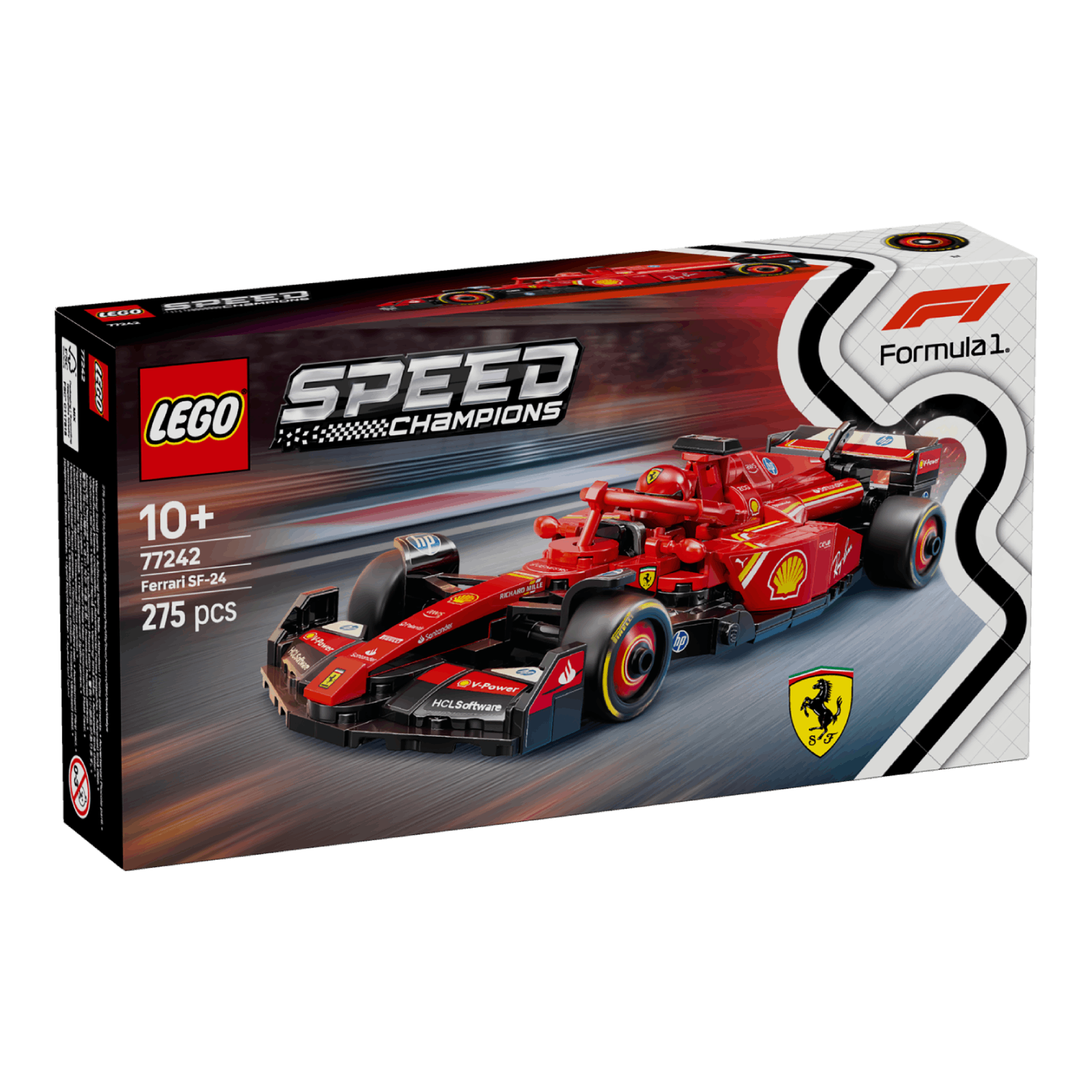 Red LEGO Ferrari F1 car in a box, angled against a white backdrop.