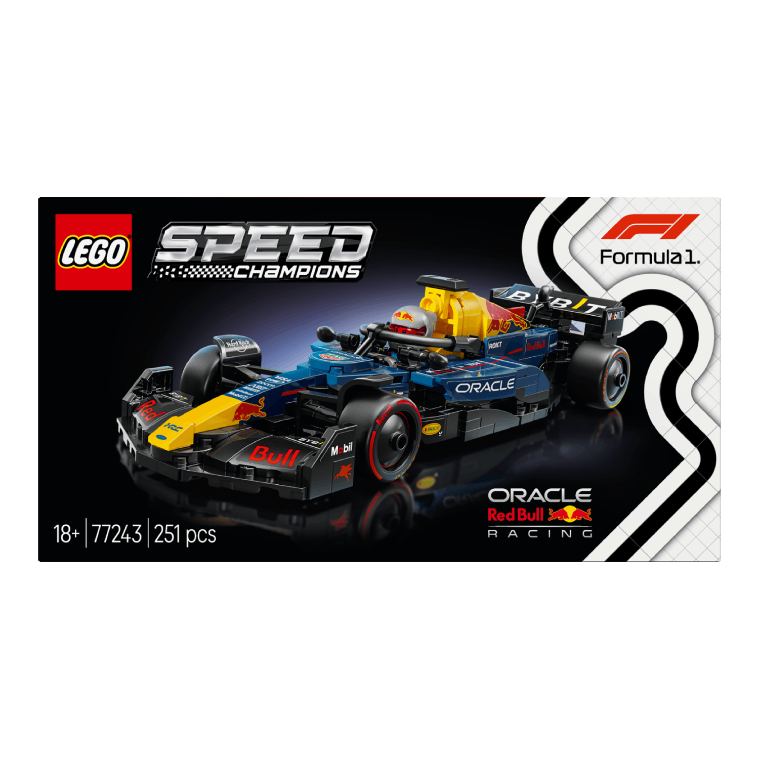 Blue and yellow LEGO Red Bull F1 car box with a black background.
