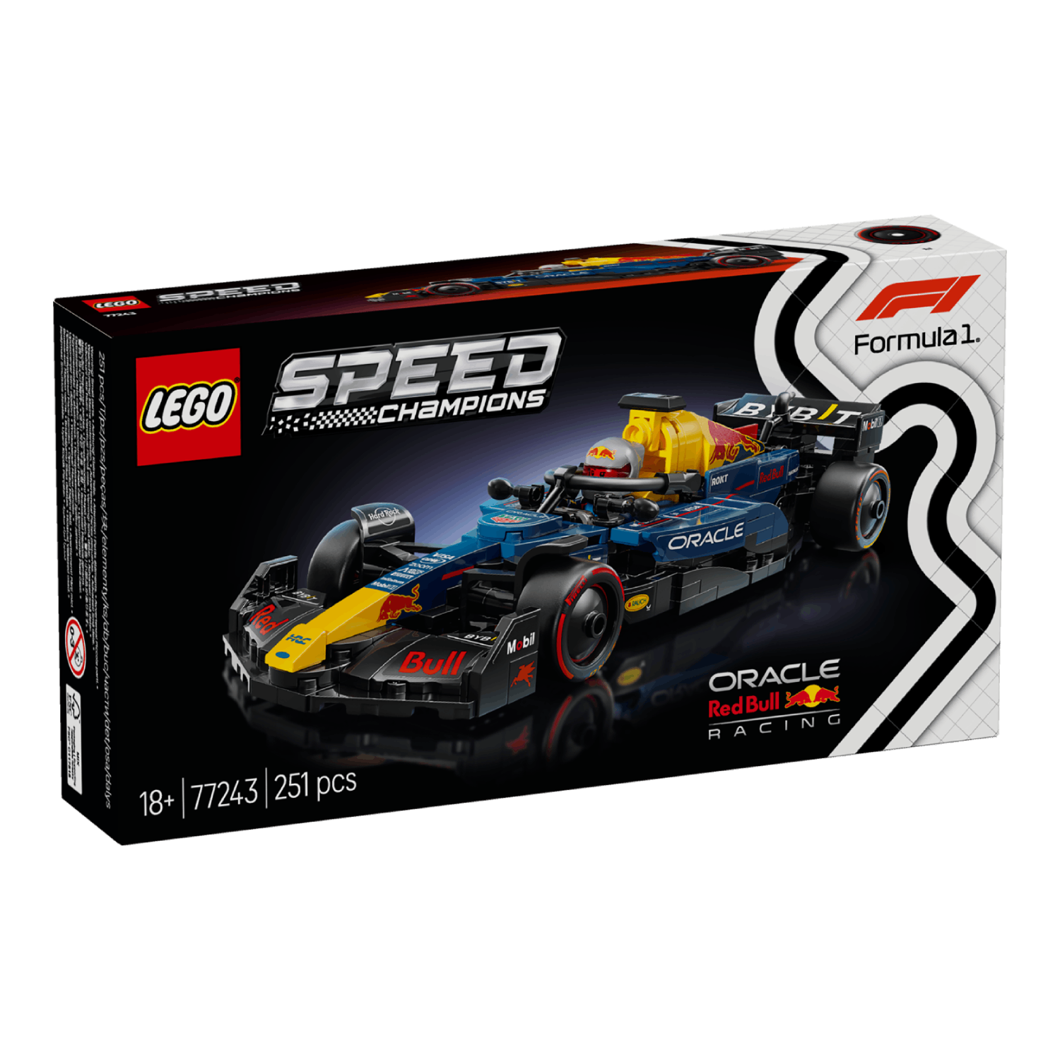 Blue and yellow LEGO Red Bull F1 car box on a white background.