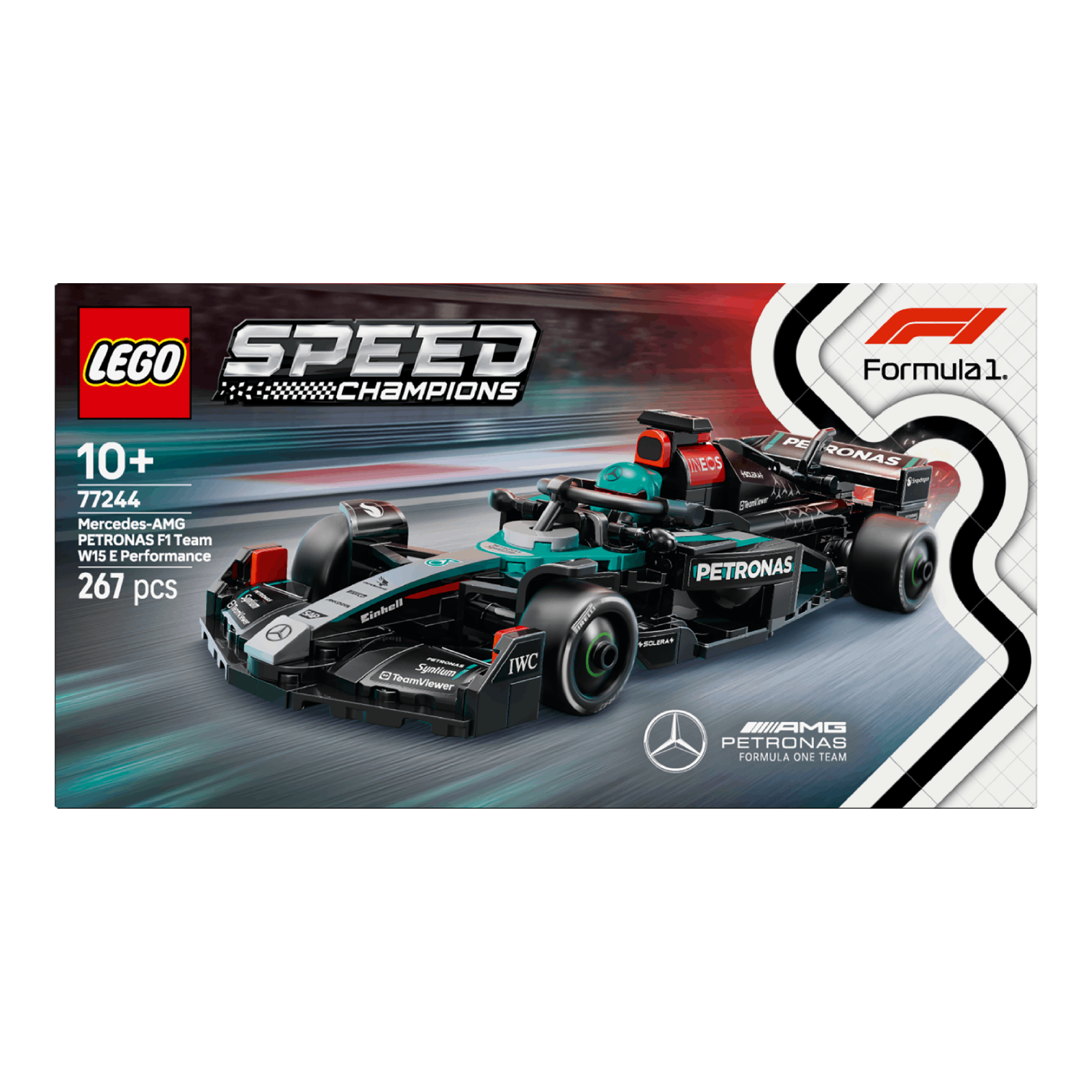 Black LEGO Mercedes F1 car box on a white background.