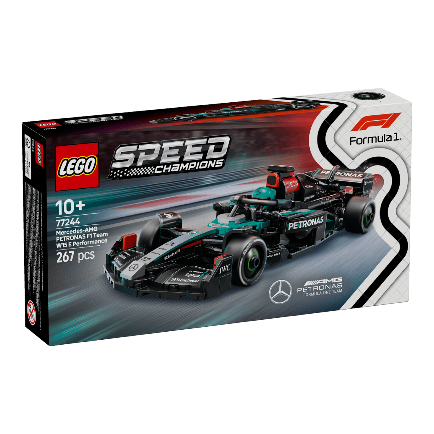 Black LEGO Mercedes F1 car box on a white background.
