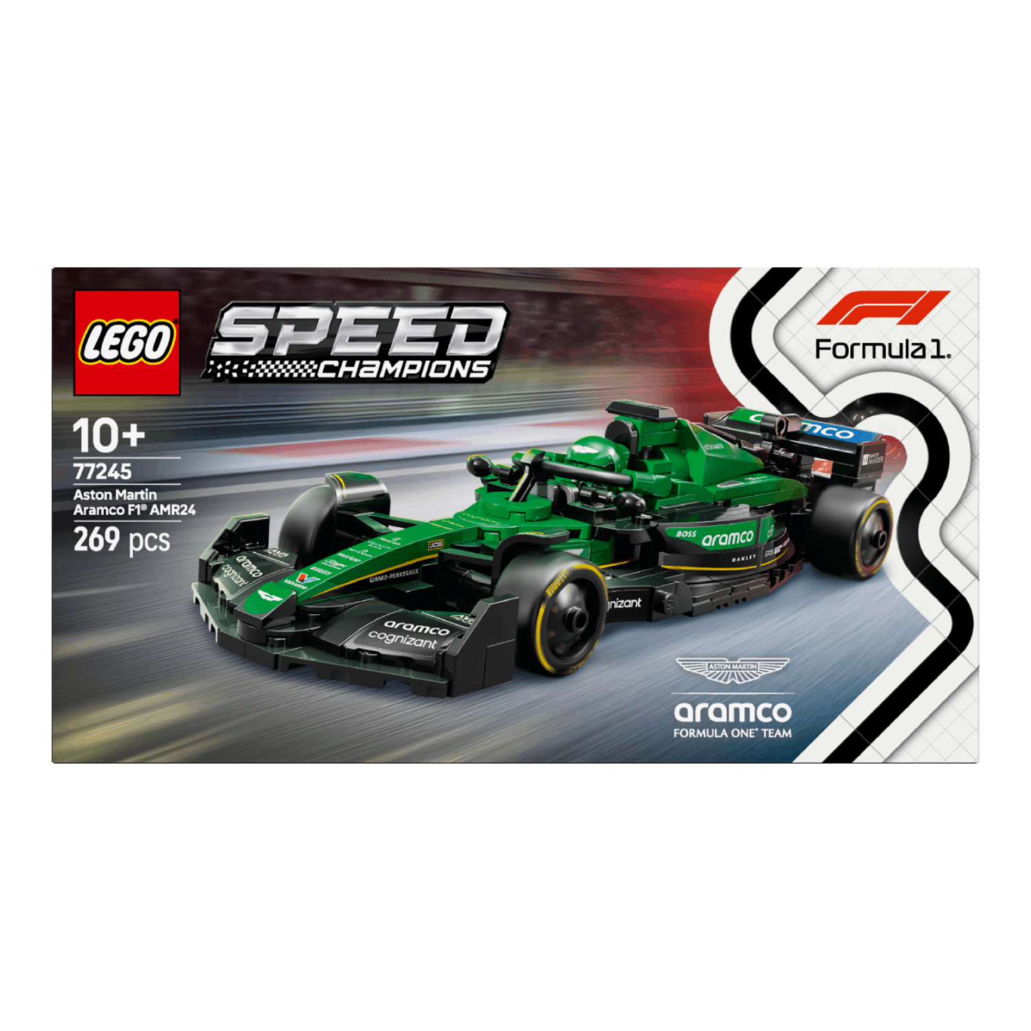 A green toy race car on a white background, the box has the same car on it.