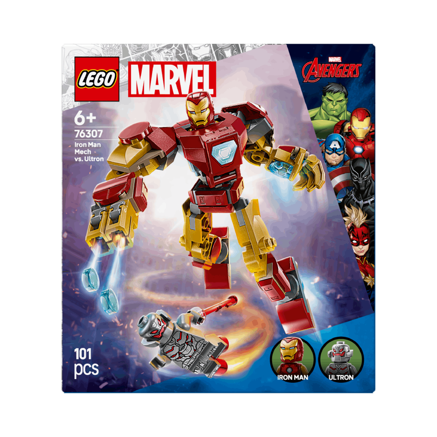 LEGO Iron Man Mech vs. Ultron set box, featuring Iron Man and Ultron figures.
