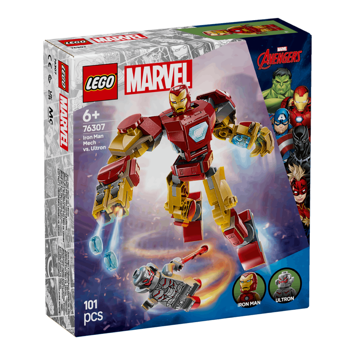 Box art shows Iron Man mech vs. Ultron. Includes Iron Man, Ultron, and Avengers characters.