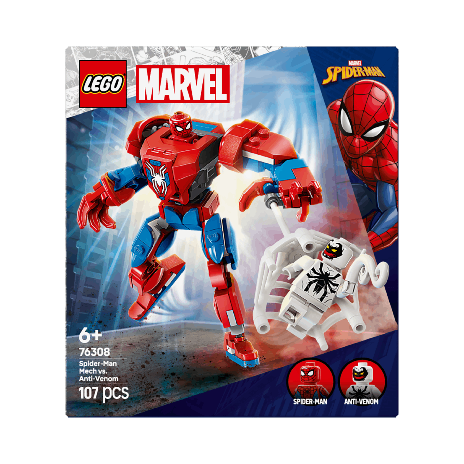 Box art features a Spider-Man mech Lego vs. Anti-Venom. Includes Spider-Man and Anti-Venom figures.