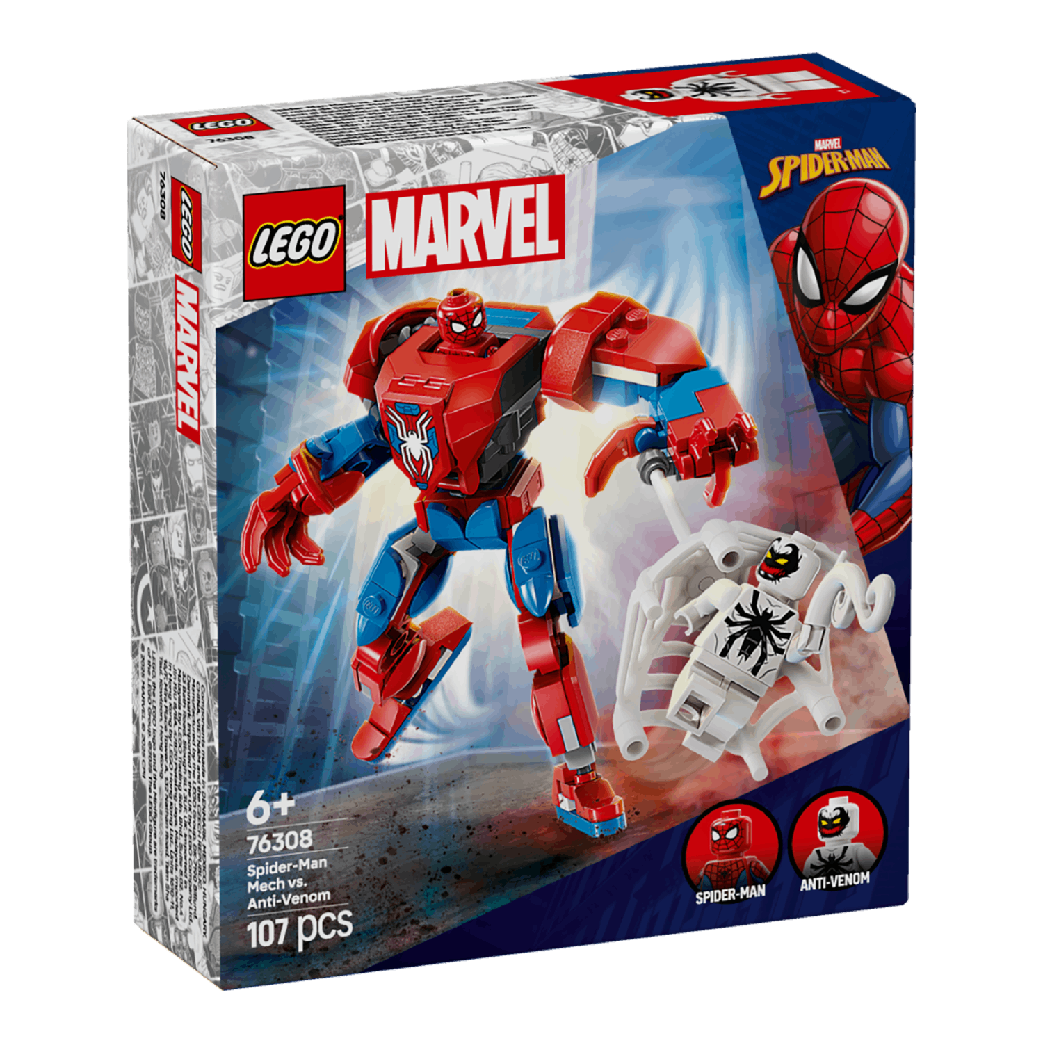Box art shows Spider-Man mech Lego vs. Anti-Venom. Features Spider-Man and Anti-Venom figures.