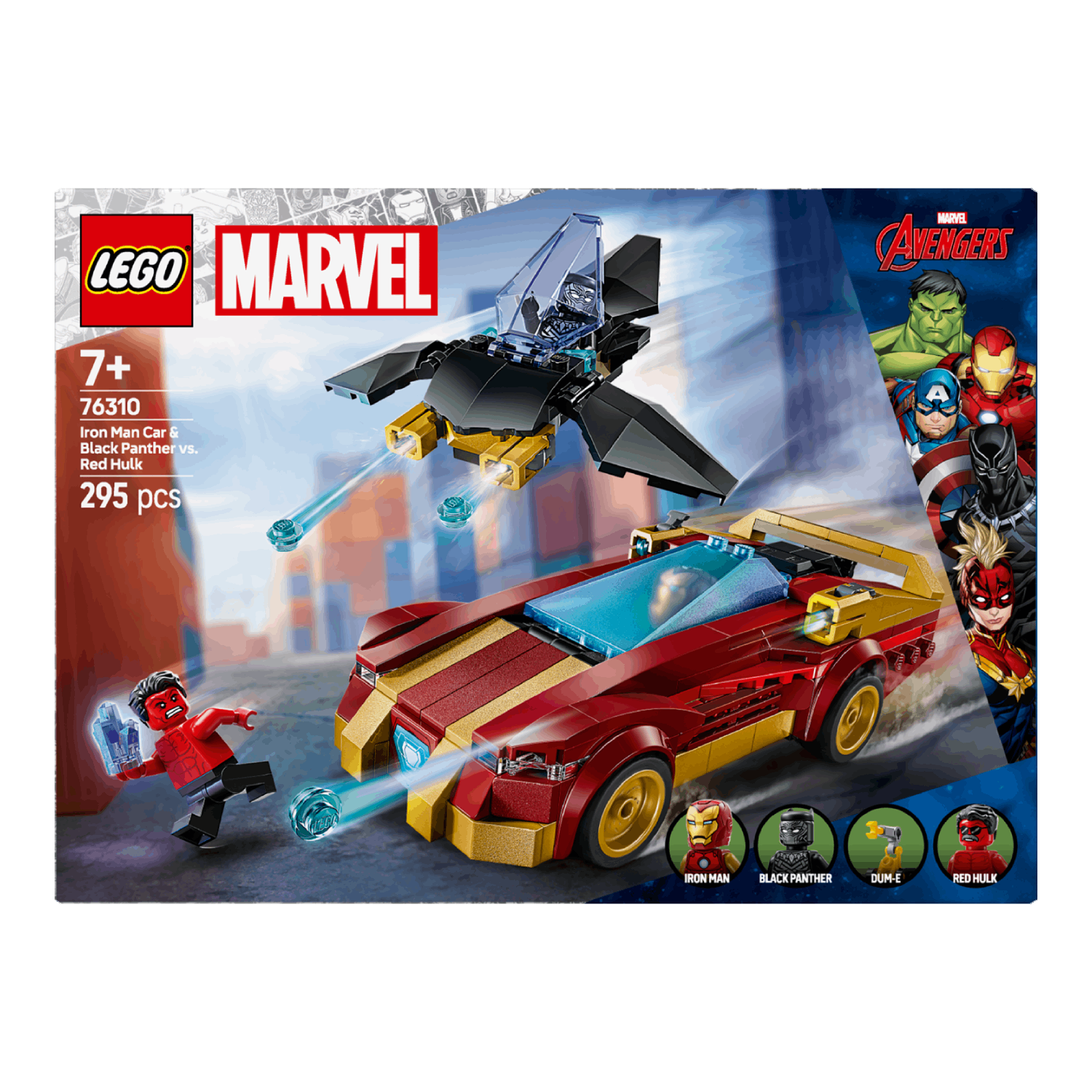 Box art features Iron Man car, Black Panther, and Red Hulk. A jet is above the car, and characters are shown.
