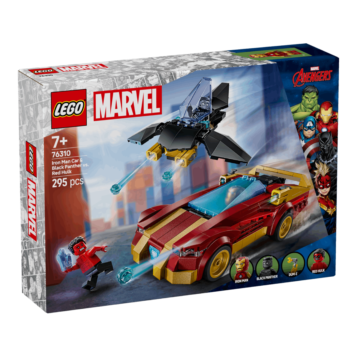 Box art shows Iron Man car, Black Panther and Red Hulk. A jet is above the car, and characters are shown.