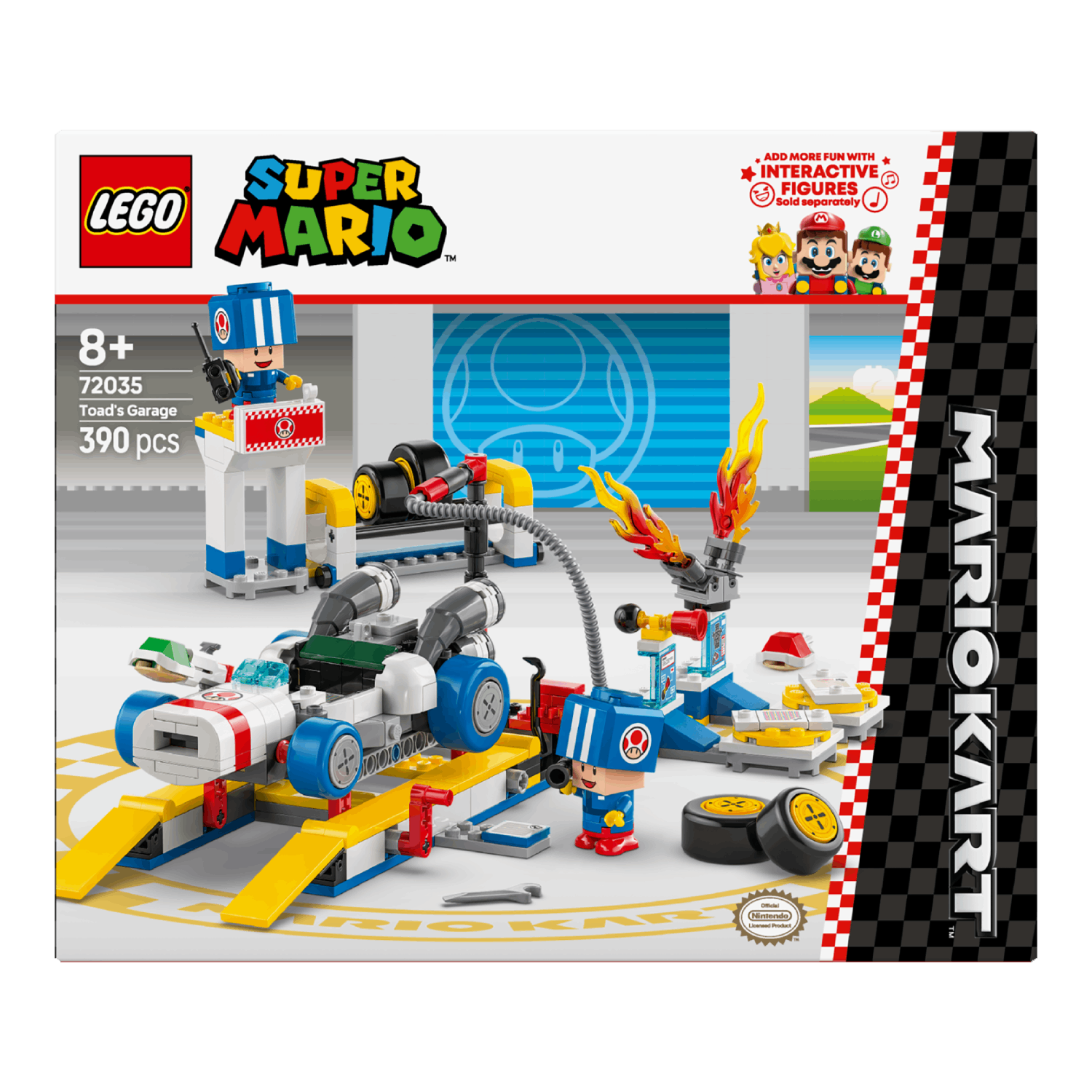 Lego Mario Kart set box art. It displays a race car, Toad's Garage, and Mario and Luigi figures.