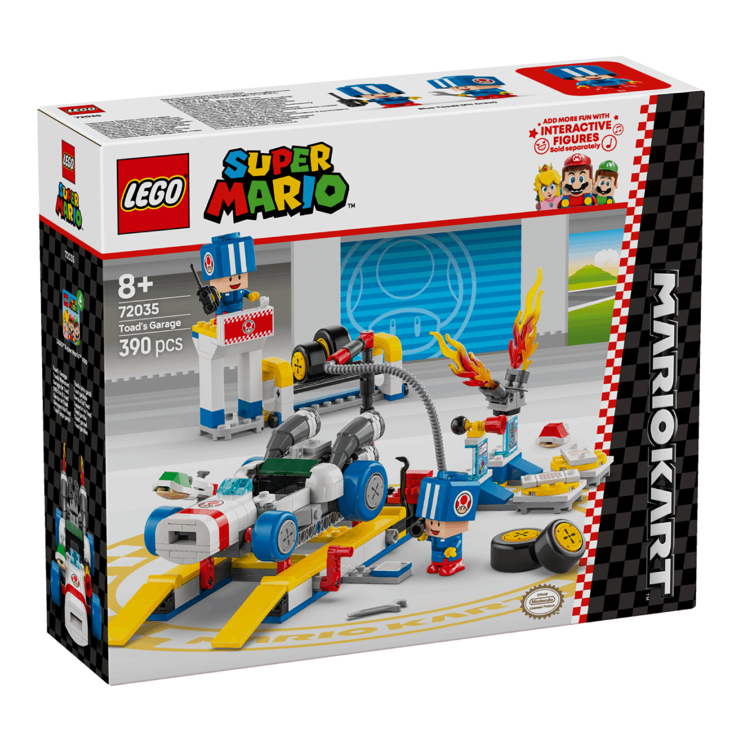 Lego Super Mario Toad's Garage box. Features Lego figures and race track elements.
