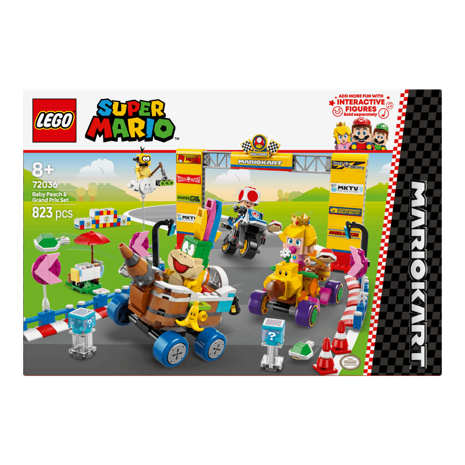 Lego Super Mario doos. Racebaan, karts en karakters, voor 8 jaar en ouder.
