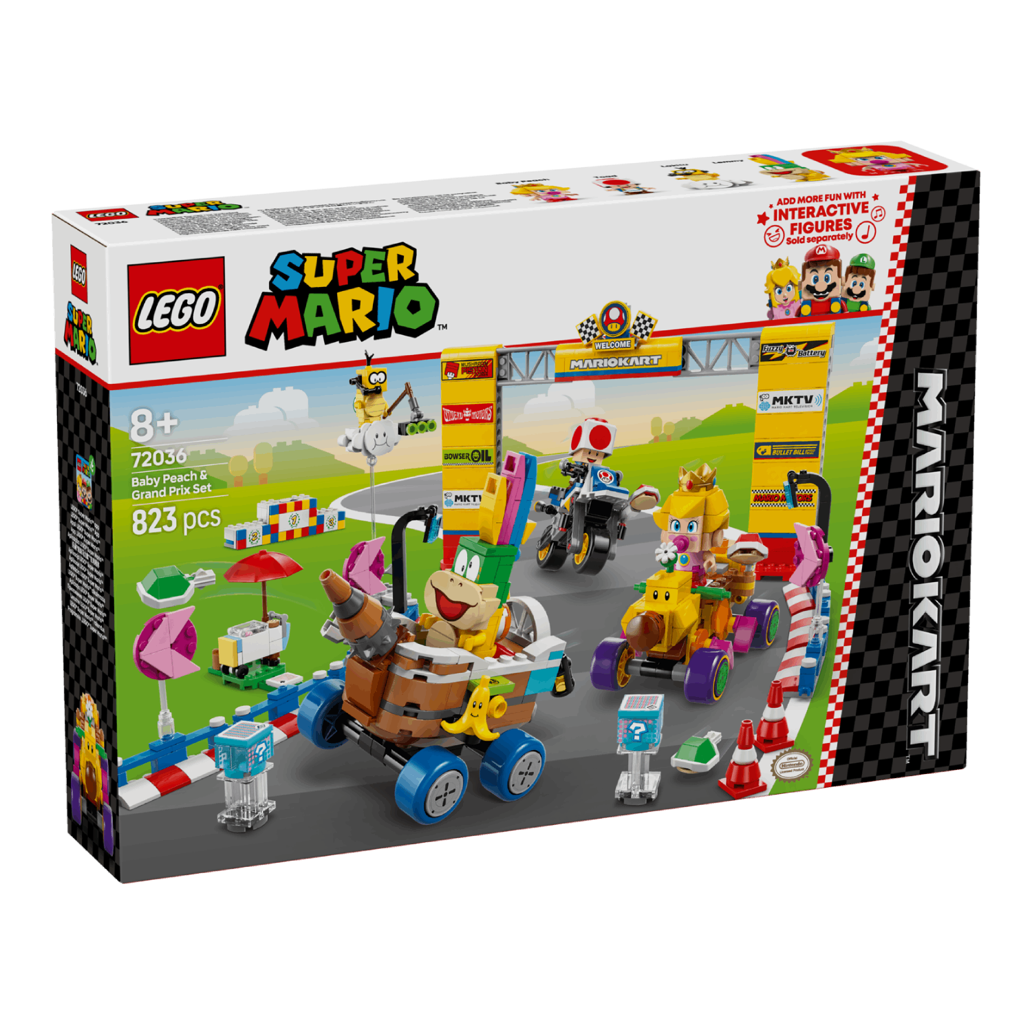 Lego Super Mario doos. Racebaan, karts en karakters, voor 7 jaar en ouder.