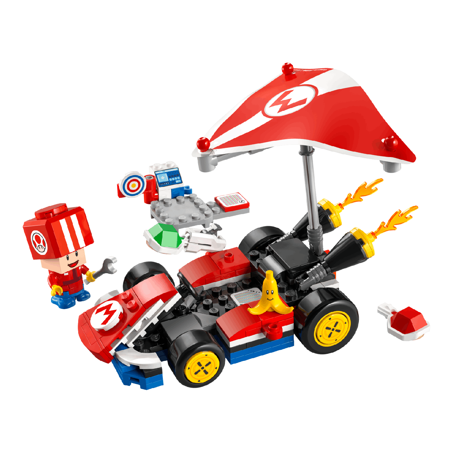 Lego Mario kart set met de Mario figuur, een banaan en een rode paraplu.