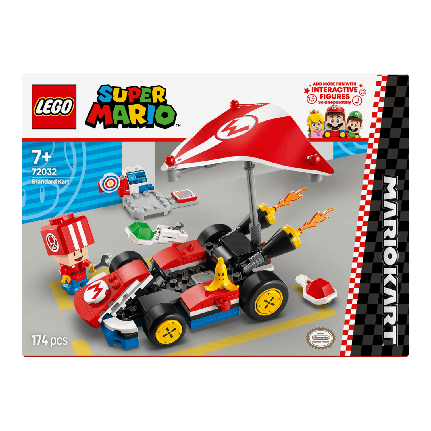 Lego Super Mario doos met Mario kart, een rode paraplu en een Mario figuur.