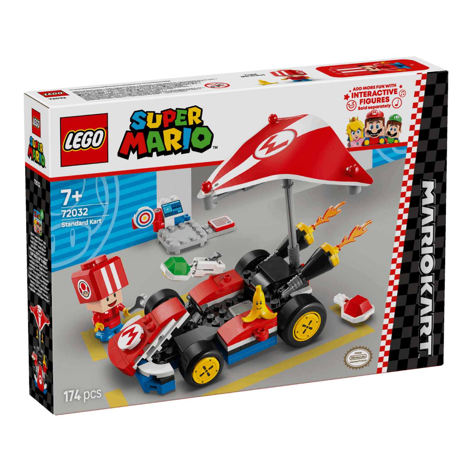 Lego Super Mario doos met een racebaan scène, met karts en karakters.