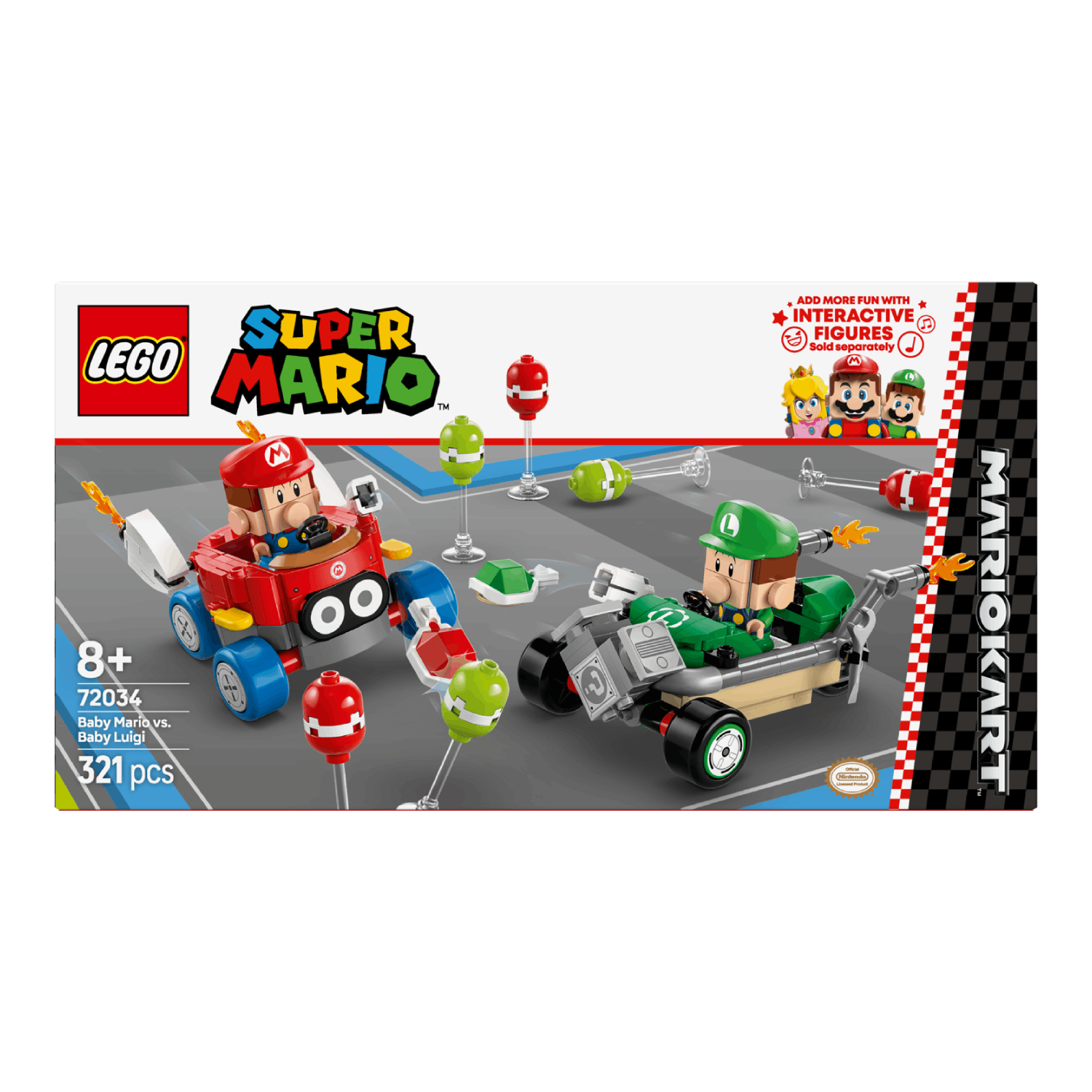 Doos van LEGO Super Mario set met Baby Mario en Baby Luigi karts. De doos toont de set en de inhoud.