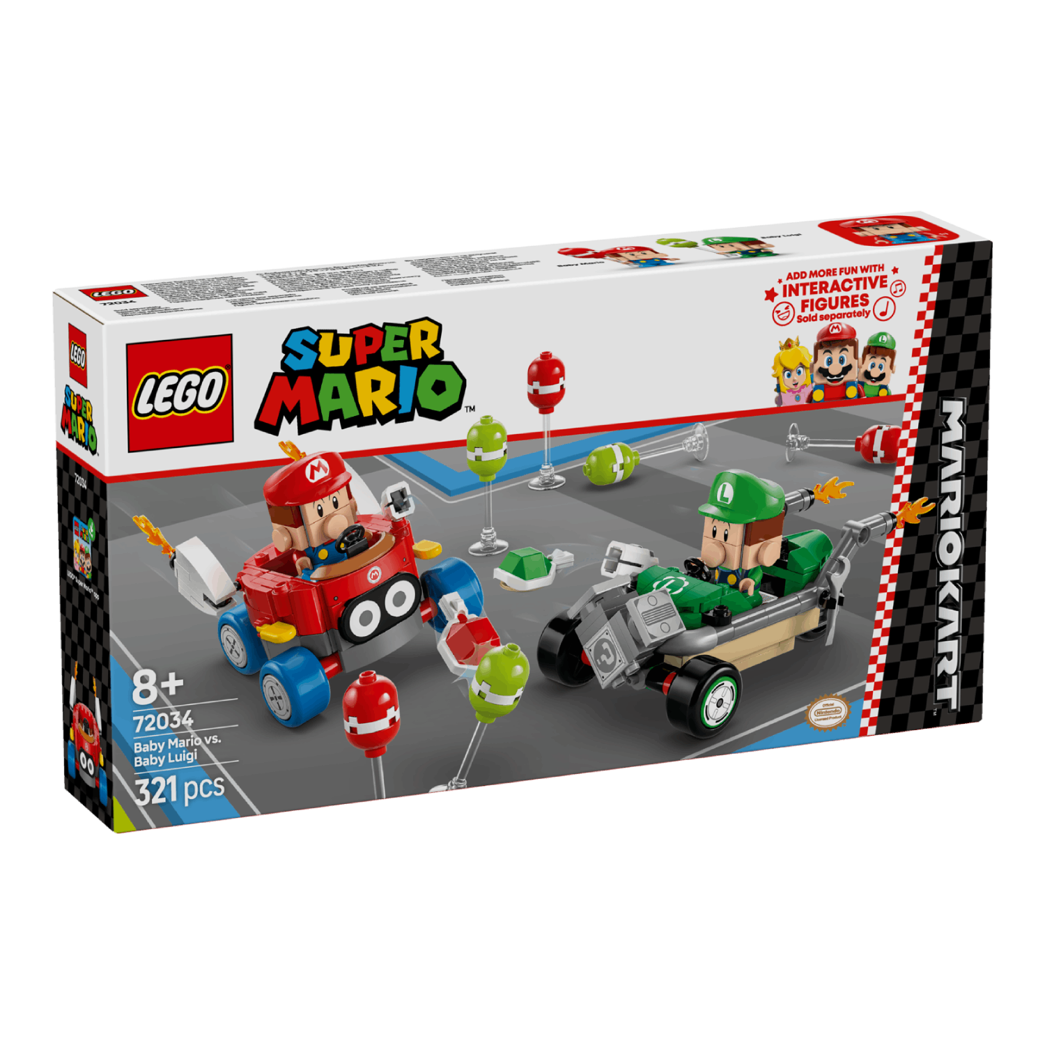 LEGO Super Mario set box met Baby Mario en Baby Luigi karts, die de set inhoud toont.